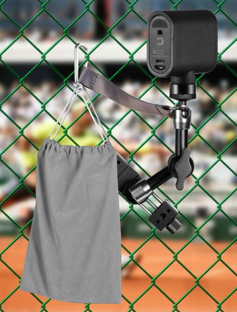 Fence Mount Live Streaming Kit For Mevo Start And GoPro On Chain Link Fences with storage bag and clamp setup