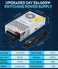 Beefy 24V 25A 600W DC Switching Power Supply With Universal 110V 220V Input Adjustable 21.6V To 26.4V Efficient SMPS For 3D Printers And CCTV Cameras Includes Power Cord