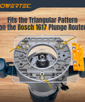 Top Tier Router Guide Rail Adapter For Bosch 1617 Plunge Router with clear acrylic body fitting triangular pattern.