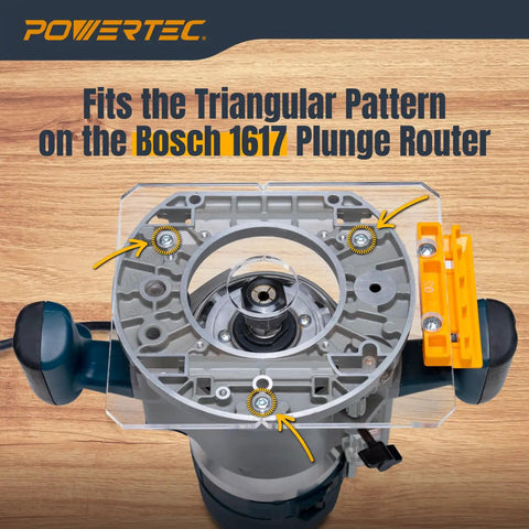 Top Tier Router Guide Rail Adapter For Bosch 1617 Plunge Router with clear acrylic body fitting triangular pattern.