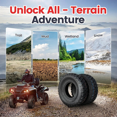 All Terrain 19x7-8 ATV Tires Set for Quad UTV Go Kart Off Road Tubeless 4 Ply in diverse terrains background