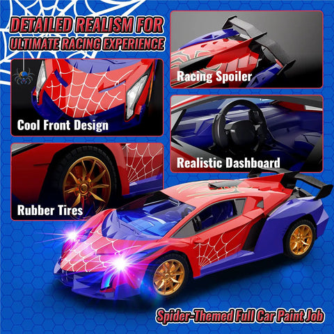 Spider Themed Remote Control Car With Dope Multicolor Flashing Lights Drift RC Toy For Kids Ages 3 Through 12 with spider design