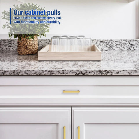 Gold Cabinet Pulls 3 Inch Hole Center 30 Pack Modern Zinc Alloy Drawer Handles for kitchen cabinets displayed on white drawers