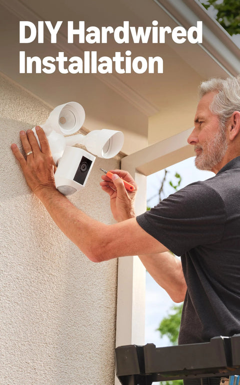 Ring Floodlight Cam Wired Plus security camera, white, outdoor wall-mount installation