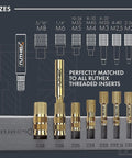 7X Soldering Tips And Heat Set Insert Tips For Thread Inserts M2 To M8 And Threaded Inserts Sizes Two Fifty Six To Ten Twenty Four One Quarter Inch Soldering Iron Adapter For 900M And T18 Pro Grade Soldering Accessory displayed in packaging with size guide.