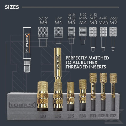 7X Soldering Tips And Heat Set Insert Tips For Thread Inserts M2 To M8 And Threaded Inserts Sizes Two Fifty Six To Ten Twenty Four One Quarter Inch Soldering Iron Adapter For 900M And T18 Pro Grade Soldering Accessory displayed in packaging with size guide.