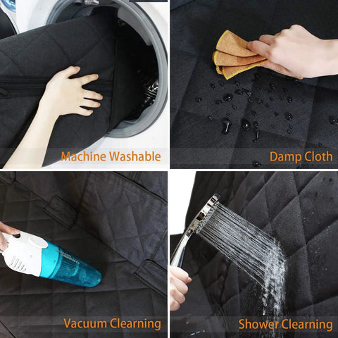 Backseat Dog Car Seat Cover Waterproof, Nonslip And Scratch-Proof Protector for Pet Fur And Mud shown being cleaned by washing machine, vacuum, damp cloth, and shower.