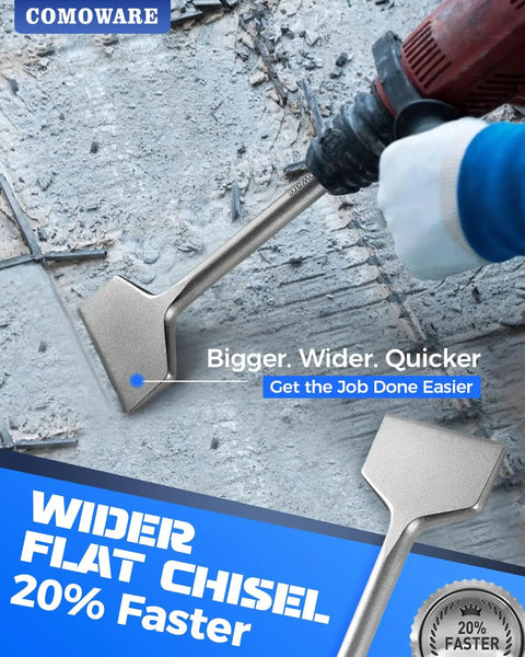 SDS Plus 6 Piece Chisel Set Heavy Duty Rotary Hammer Chisels For Demolition And Home Improvement in use on tile floor.