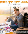 Total Game Changer for Emergency Flat Repairs Featuring 40 Piece Tire Plug Kit and Three Tubes of Thick Black Tire Sealant to Caulk Screw Holes and Nail Punctures in Tubeless Treads Super Fast with man using kit by car.