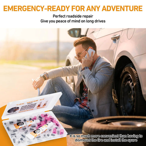 Total Game Changer for Emergency Flat Repairs Featuring 40 Piece Tire Plug Kit and Three Tubes of Thick Black Tire Sealant to Caulk Screw Holes and Nail Punctures in Tubeless Treads Super Fast with man using kit by car.