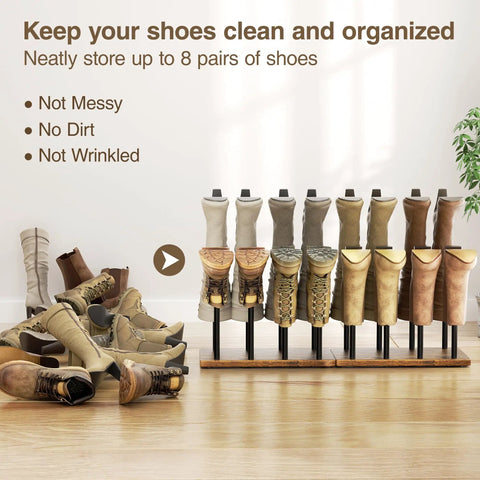8 Pair Boot Rack And Shoe Organizer Tall Free Standing Stand With Wood Base And Metal Frame Sturdy Anti Wobble Design