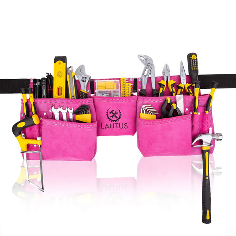 Pink Genuine Leather Tool Belt Pouch Bag For Carpenters And Electricians With 11 Pockets And 2 Steel Hammer Holders filled with tools