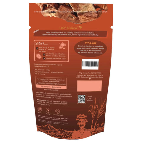 Back view of All Natural Arjuna Powder For Heart Health And Wellness, Terminalia Arjuna Bark Supplement, product packaging.