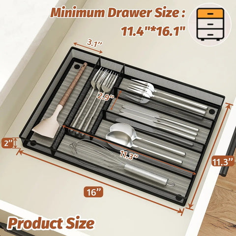 Durable Metal Mesh Silverware Organizer for Kitchen Drawers with 6 compartments, shown in black, fits 11.4"x16.1" drawers