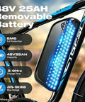 Close-up of 48V 25Ah removable battery on Beast Mode 3000W Dual Motor Electric Bike with detailed capacity and range info