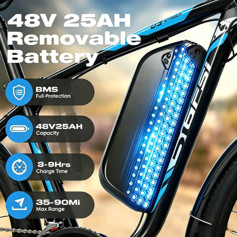 Close-up of 48V 25Ah removable battery on Beast Mode 3000W Dual Motor Electric Bike with detailed capacity and range info
