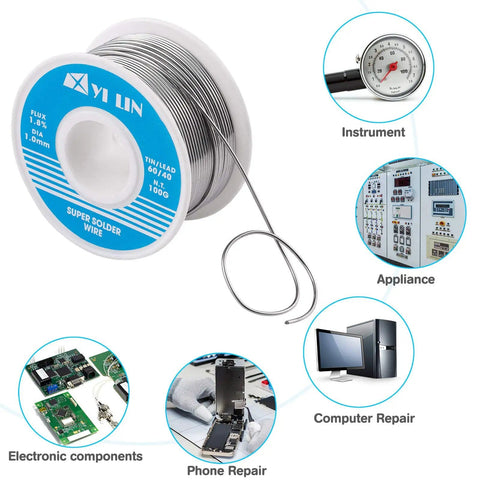 Sixty Forty Rosin Core Solder Wire 0.8mm 100g For Electrical Soldering Sn60Pb40 Alloy shown with repair applications