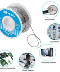 60 40 Tin Lead Rosin Core Solder Wire 0.8mm 100g for electrical soldering shown with various repair uses