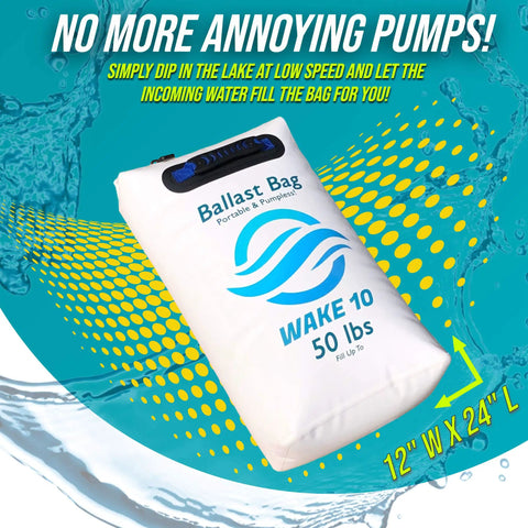Portable 50 Lb Boat Ballast Bag For Wakesurfing And Wakeboarding, Pumpless And Easy Fill, White color with dimensions shown