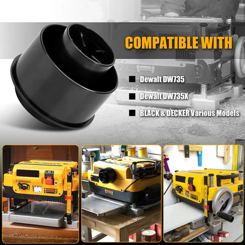 Planer Vacuum Adapter Replacement For DW735 DW735X Planers shown with compatible planers and installation examples