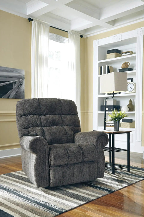Living room with gray recliner beside Do It All Metal Floor Lamp And End Table With Built In Surface And Two Fixed Storage Shelves Industrial Casual Black Finish Perfect Living Room Light Side Table And Easy Organizer