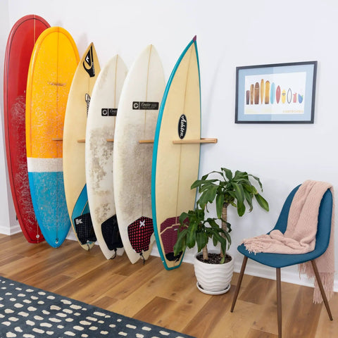 Vertical Timber Wall Rack That Holds 6 Surfboards For Home Or Garage Beefy Natural Hardwood Mount With Cork Padded Arms