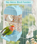 No Sweat Automatic Bird Feeder And Water Dispenser For Cages Spill Proof Transparent Container Keeps Your Cage Clean Easy Top Load For Cockatiels Budgies Canaries Blue with a green bird.