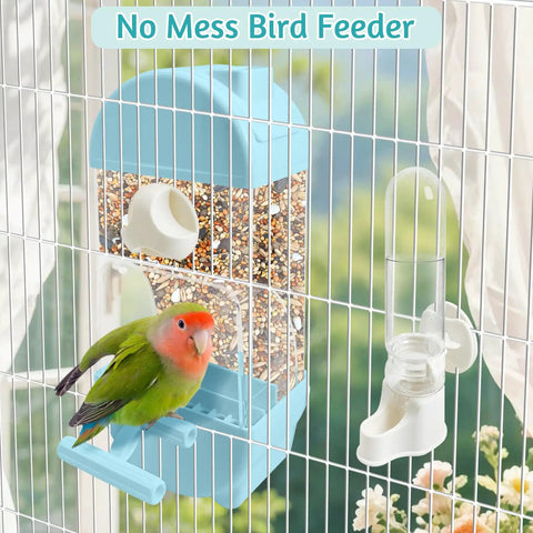 No Sweat Automatic Bird Feeder And Water Dispenser For Cages Spill Proof Transparent Container Keeps Your Cage Clean Easy Top Load For Cockatiels Budgies Canaries Blue with a green bird.