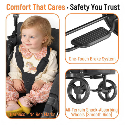 Double Wagon Stroller For Two Kids With Canopy And Removable Seat Pads One Hand Fold Shock Absorbent Wheels Safety Harness