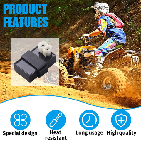 Six Pin DC CDI Box For GY6 4 Stroke Scooters And ATVs Ride Ready Replacement, shown with ATV background and features icons
