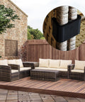 Modular Sofa Connector Clip locking sectional seats, visible on outdoor rattan furniture, ensures stability with no wobble.