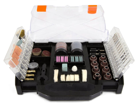 Heavy Hitter Rotary Tool Accessory Kit With 150 Badass Bits For Sanding Carving Deburring Cutting Polishing Rust Removal Stores Snug In A Nifty Carrying Case, open view showing bits and accessories.