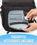 Inside of Top Shelf Insulated Golf Cart Cooler Bag showing stainless steel bottle opener and mesh pockets for accessories.