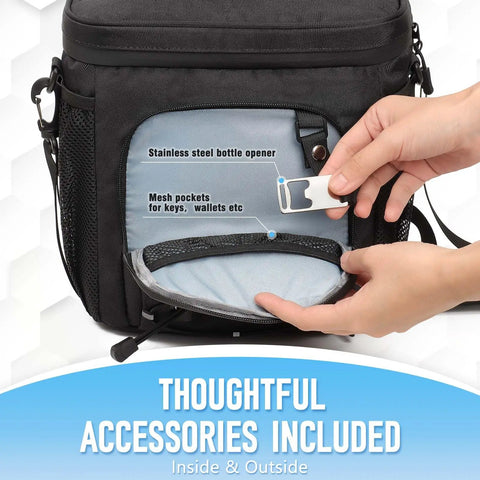 Inside of Top Shelf Insulated Golf Cart Cooler Bag showing stainless steel bottle opener and mesh pockets for accessories.