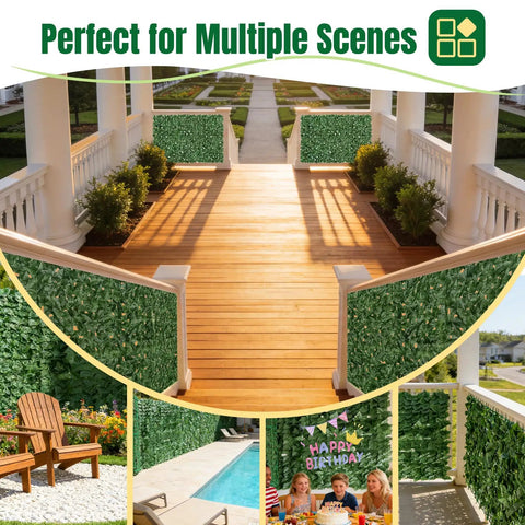 Artificial Ivy Privacy Fence Screen 120 By 40 Inches Looks Realistic Green Wall For Balcony Patio Wall Backyard Indoor Outdoor Privacy Panel Decoration Super Easy Install Weather Resistant Durable No Maintenance shown installed in various outdoor scenes