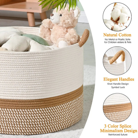 Large Cotton Rope Blanket Basket For Nursery And Living Room Storage Woven Laundry Hamper And Toy Chest 20 By 13 Inches White And Brown