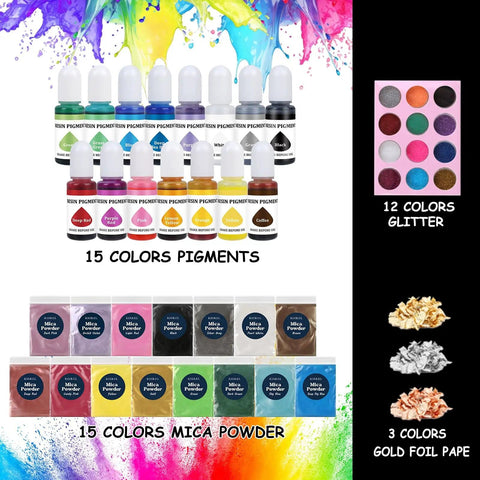 All In One 82 Oz Epoxy Resin Kit With 15 Pigments And 15 Mica Colors for art crafts and jewelry making with color samples visible