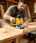 Man using a router on wooden board for template routing with 4 Piece Flush Trim Router Bit Set With Top Bearing Carbide Cutters For Template Routing And Clean Edge Work On Plywood Hardwood And Softwood Includes 1/2 3/4 1 1/2 Inch Sizes Heavy Duty Construction Delivers Snappy Smooth Cuts And Rock Solid Stability.