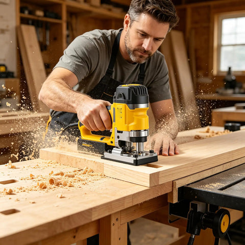Man using a router on wooden board for template routing with 4 Piece Flush Trim Router Bit Set With Top Bearing Carbide Cutters For Template Routing And Clean Edge Work On Plywood Hardwood And Softwood Includes 1/2 3/4 1 1/2 Inch Sizes Heavy Duty Construction Delivers Snappy Smooth Cuts And Rock Solid Stability.