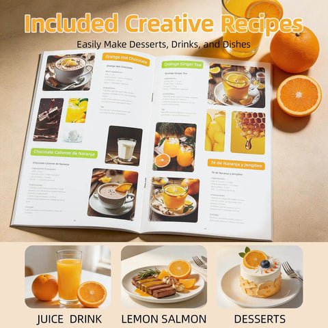 Keerain Automatic Electric Citrus Juicer With Dual Cones, One Touch Easy Operation Machine recipes for juice, salmon, and desserts.
