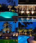 Outdoor landscape lighting with 6 Watt LED Flood Lights 8 Pack illuminating driveways, yards, gardens; all black finish, waterproof.