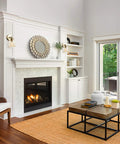 Living room with Dope 1 Light Plug In Or Hardwire Wall Sconce In Matte Brass With Smoked Amber Glass Shade, fireplace, and decor.