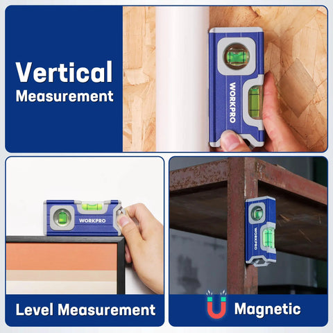 Hustle Ready Mini Magnetic Pocket Level Featuring High Visibility Bubbles And Precision Convex Lens For Dead On Readings Crafted From Rugged Aluminum Alloy In Sharp Cobalt Blue A Real Deal Shop Floor Staple Contractors Love showing vertical measurement on wood, leveling a frame, and demonstrating magnetism.
