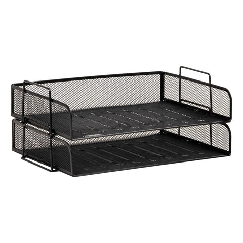 Stackable Paper Tray Desk Organizer Set Of 2 With Metal Mesh File Storage For Office Black Ready To Use No Assembly Required