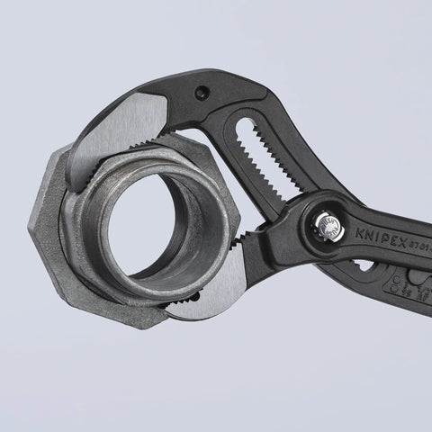 Close-up of 16 Inch XL Red Self Locking Water Pump Pliers With 27 Adjustment Positions gripping a metal pipe fitting.