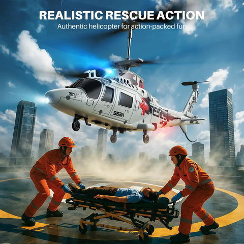 Rescue RC Helicopter for Beginners, flying over city helipad with realistic simulation, toy gift for boys and girls.