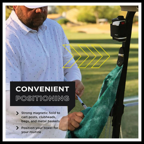 Heavy Duty Magnetic Golf Towel With Top Tier Neodymium Magnet For Carts And Clubs Ultra Absorbent Fast Drying Microfiber on a cart.