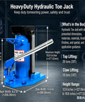 Heavy Duty 20 Ton Hydraulic Toe Jack For Garage Bays And Shop Floors, Low Clearance Alloy Steel Lift with specs and measurements.
