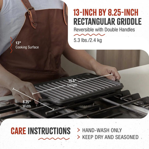 Person demonstrating 13x8.25 inch reversible griddle with easy-grip handles on kitchen stove.