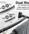 Dual curved shower rod showing adjustable lengths of 44 to 70 inches, sleek black finish, heavy duty aluminum construction.
